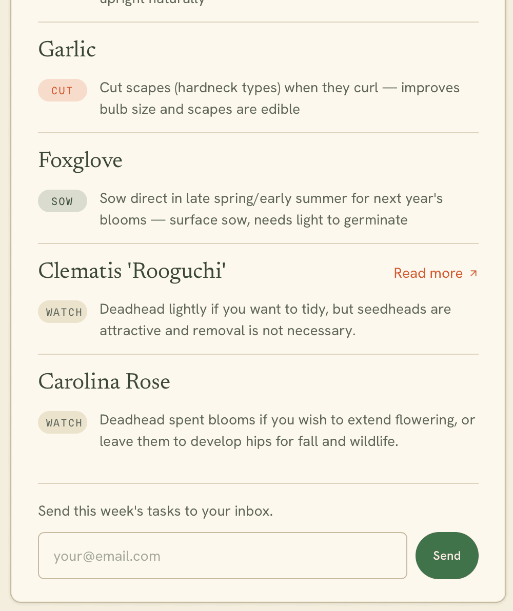 A weekly Garden Digest task list built for one yard